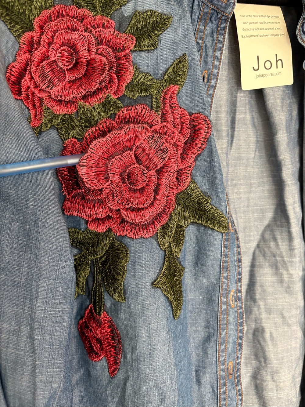 Light Blue Denim Button-Down Shirt with Red Rose Embroidery 100% Tencel - Picture 9 of 9